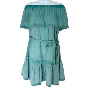 Anthropologie Malibu Mini Dress Womens M Blue Green Off-the-Shoulder Slub Cotton
